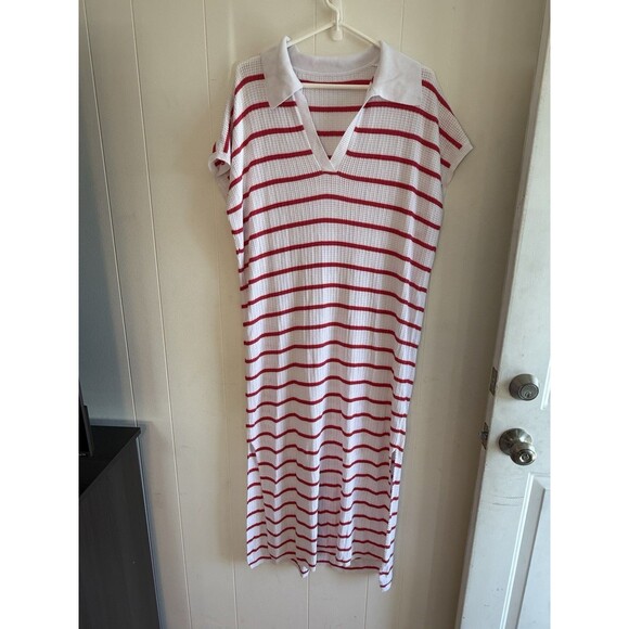 Vintage 70s stripped sport knitted dress with a white collar XL - Picture 1 of 6